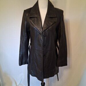 Wilsons Women. leather. Soft black leather belted line. Jacket.